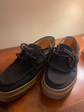 Sperry Black Canvas Boat Shoes with Brown Sole